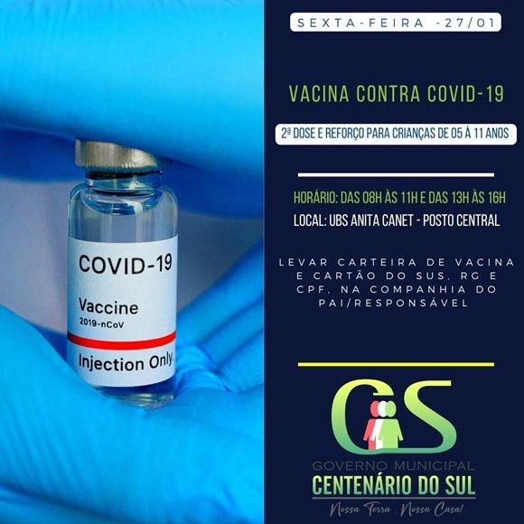 SAÚDE - Nesta sexta-feira, 27/01, tem vacinação contra a COVID - 19 para crianças de 05 à 11 anos